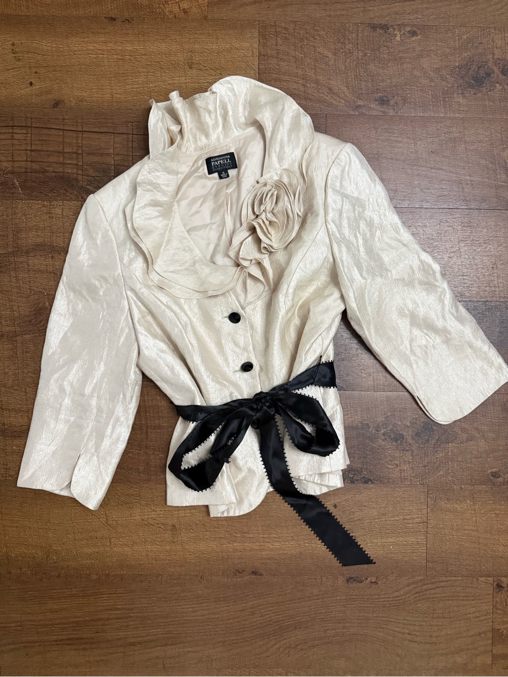 Adrianna Papell Cream Satin Cropped Blazer with Black Ribbon